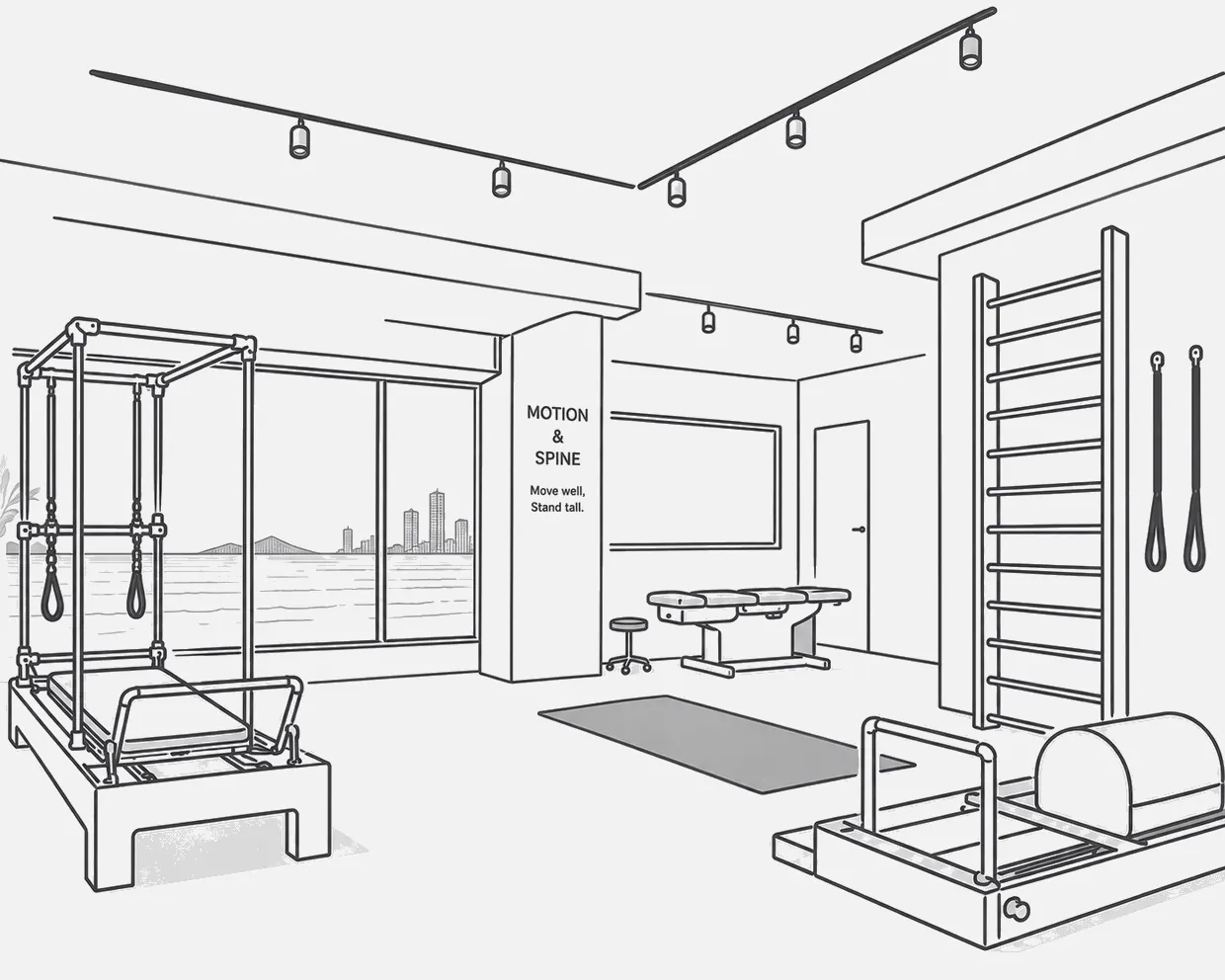 Interior of Motion & Spine, a private spine and movement studio in Marine City, Haeundae, Busan